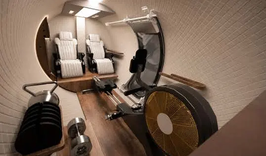 Training zone with a rower and dumbbells beside two recliners