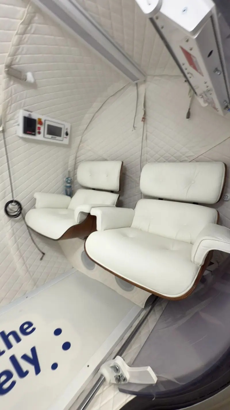 Chamber interior with Eames-style leather armchairs